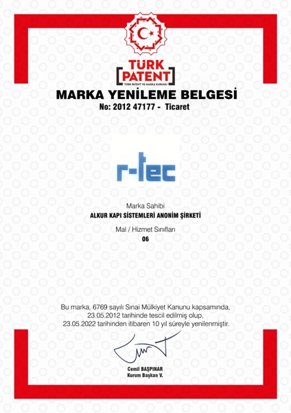 r-tec Ticari Marka Tescil Belgesi sertifika önizlemesi